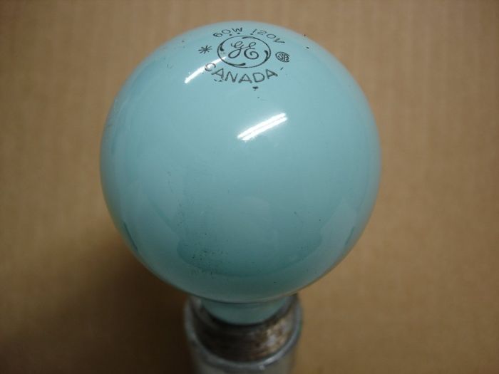 GE 60W
Here is a GE Canada 60W solid colour lamp in a nice Robin's Egg blue.

Made in: Canada
Keywords: Lamps
