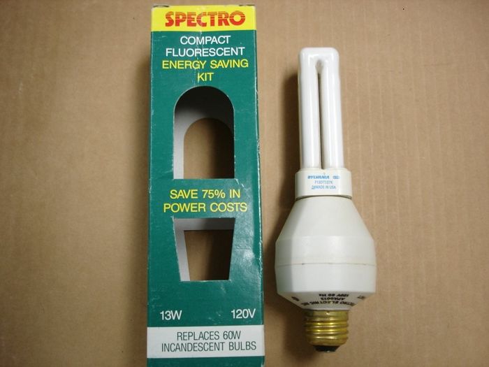 Spectro 13W CFL
Here is a NOS Spectro 13W compact fluorescent energy saving kit,consisting of a Spectro magnetic ballast adapter,and 13W Sylvania GTE quad tube warm white compact fluorescent lamp.This 13W kit replaces 60W incandescent lamps.

Made in: USA
Keywords: Lamps