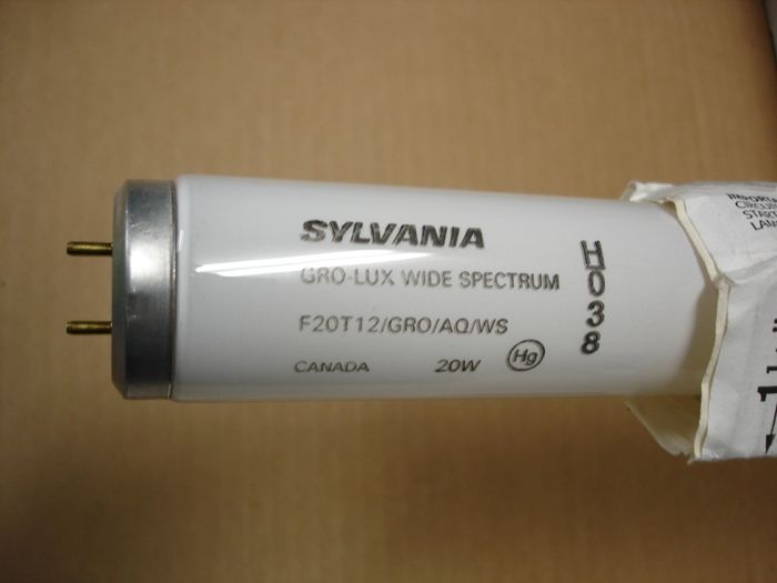 Sylvania F20T12 Gro Lux
Here is a Sylvania Canada F20T12 Gro Lux wide spectrum plant and aquarium fluorescent lamp.
Keywords: Lamps