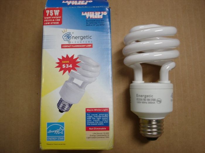 Energetic 19W CFL
Here is a Energetic 19W warm white compact fluorescent lamp.Equal to a 75W inacandescent.

Made in: China
Keywords: Lamps