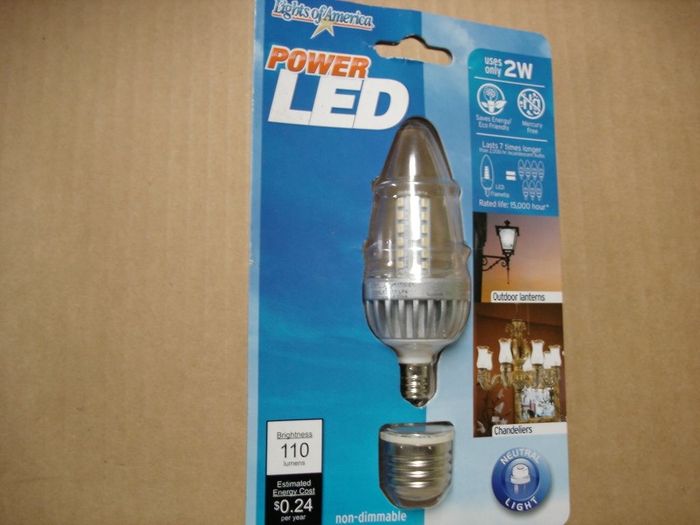 Lights Of America 2W LED
Here is a Lights Of America 'POWER LED' 2 W non-dimmable candle type LED lamp with a medium to candelabra adapter.

Assembled in: USA
CRI: 74
Keywords: Lamps