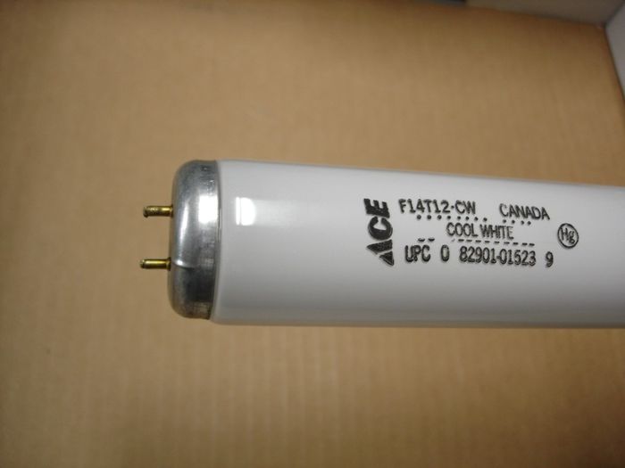 GE ACE F14T12
Here is a ACE branded GE Canada cool white fluorescent lamp I found while browsing at an ACE Hardware in Montana.


Made in: Canada
CRI: 60
Keywords: Lamps