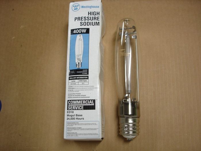 Westinghouse 400W HPS
Here is a Chinese Westinghouse 400W high pressure sodium lamp. Interestingly the design does not take advantage of the dimple for end support,but rather a support design used in BT shaped lamps, unlike the illustration on the package.

Made in: China
Keywords: Lamps