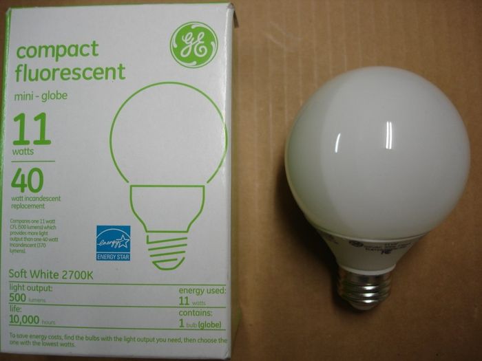 GE 11W CFL
Here is a GE 11W warm white globe compact fluorescent lamp with the light output equal to a 40W incandescent.

Made in: China
Keywords: Lamps
