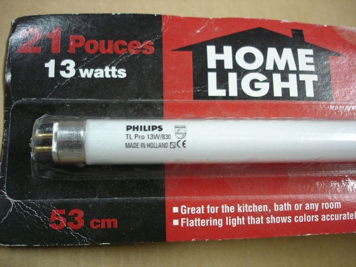 Philips F13T5
Here is a Philips TL Pro F13T5 soft white fluorescent lamp.


Made in: Holland
CRI: 85
Keywords: Lamps