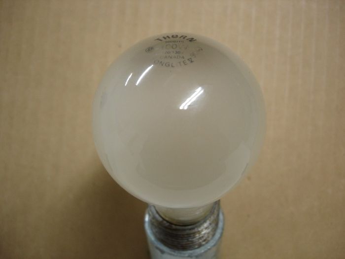 Thorn/Philips 100W
Here is a Thorn 100W LONGLITE V incandescent lamp which appears to have been made by Philips Canada as the etch sports a pacman.

Made in: Canada
Manufactured: July 1999
Keywords: Lamps