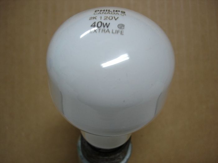 Philips 40W
Here is a T shape Philips Canada 40W Extra Life lamp.

Made in:  Canada
Keywords: Lamps