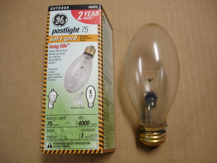 GE 75W Postlight
Here is a GE 75W long life Postlight in a E17 shape and shatter resistant coating.

Made in: Mexico
Keywords: Lamps