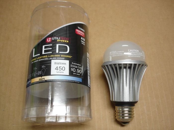 Utilitech 7.5W LED
Here is a Utilitech Pro dimmable 7.5W LED lamp.

Made in: China
Keywords: Lamps