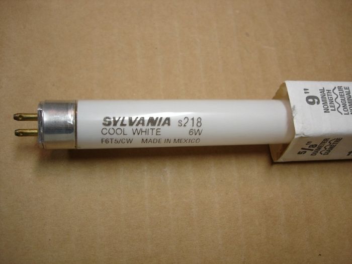 Sylvania F6T5
Here is a  Sylvania F6T5 cool white fluorescent lamp.

Made in: Mexico
CRI: 62
Keywords: Lamps