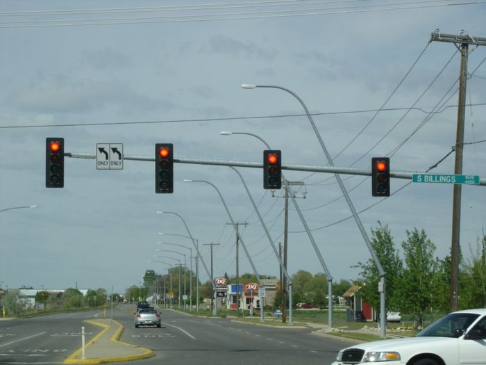 Long Traffic Light Mast And Angled Light Standards
A long traffic light mast and Cooper OVF fitted angled light standards to avoid the primaries on this section of road in Billings, MT. 
Keywords: American_Streetlights