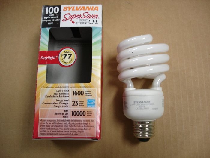 Sylvania 23W CFL
Here is a Sylvania 23W Super Saver daylight compact fluorescent lamp. 23W = 100W incandescent.

Made in: China
Keywords: Lamps