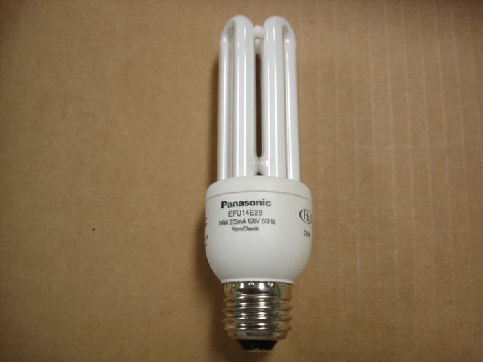 Panasonic 14W CFL
Here is a Panasonic 14W tri-tube warm white compact fluorescent lamp.

Made in: China

Manufactured: Mar. 2004
Keywords: Lamps