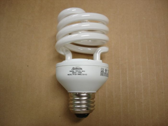 Sunbeam 18W CFL
Here is a Sunbeam 18W warm white compact fluorescent lamp.

Made in: China
Keywords: Lamps