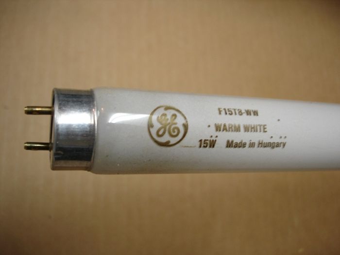 GE F15T8
Here is a warm white GE F15T8 fluorescent lamp made in Hungary.

Made in: Hungary
Keywords: Lamps