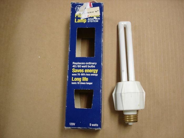 GE 9W Adapter And Lamp
Here is a NOS GE 9W PL compact fluorescent Lamp Adapter System.

Made in: (Adapter) Mexico (Lamp) USA
Manufactured: May 1991
Keywords: Lamps