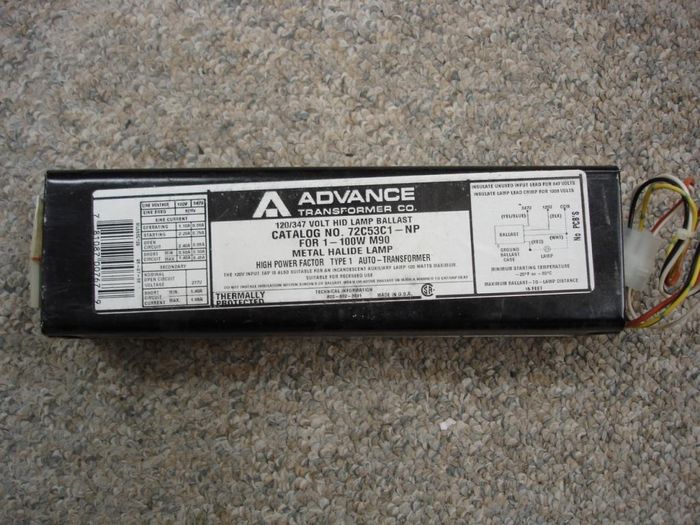 Advance Metal Halide Ballast
Here is an Advance 100W metal halide F-Can ballast.

Made in: USA
Manufactured: Oct.13,1997
Keywords: Gear