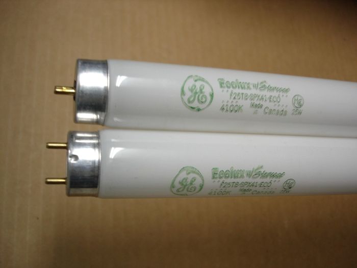 GE F25T8 
A pair of GE F25T8 Starcoat cool white fluorescent lamps.

Made in: Canada

CRI: 86
Keywords: Lamps
