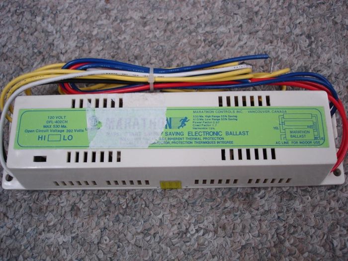Marathon Ballast
Here is a circa 1989 Marathon rapid start energy saving electronic ballast with a "Hi - Lo" switchable power setting.This ballast was manufactured not far from me in Vancouver.

Made in: Vancouver,BC Canada

Manufactured in: Circa 1989
Keywords: Gear