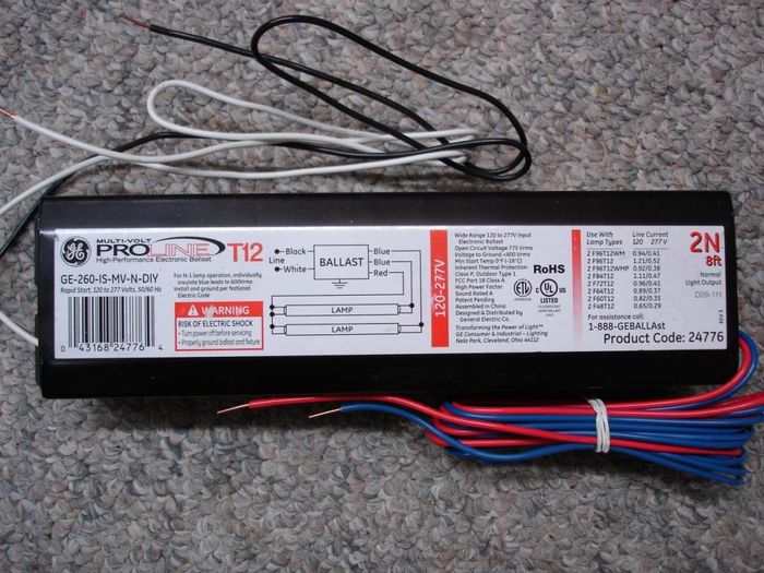 GE PROLINE Ballast
Here is a GE PROLINE multivolt high performance electronic fluorescent ballast which can run 2 F48T12 to 2 F96T12 lamps and operate on voltages from 120-277V.

Made in: China
Keywords: Gear