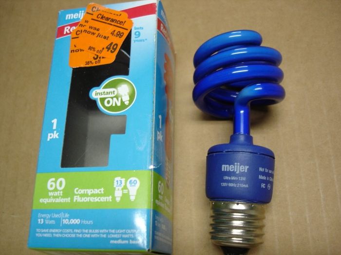 Meijer 13W CFL
Here is a blue 13W Meijer Ultra mini CFL lamp I received from Aaron.

Made in: China
Keywords: Lamps
