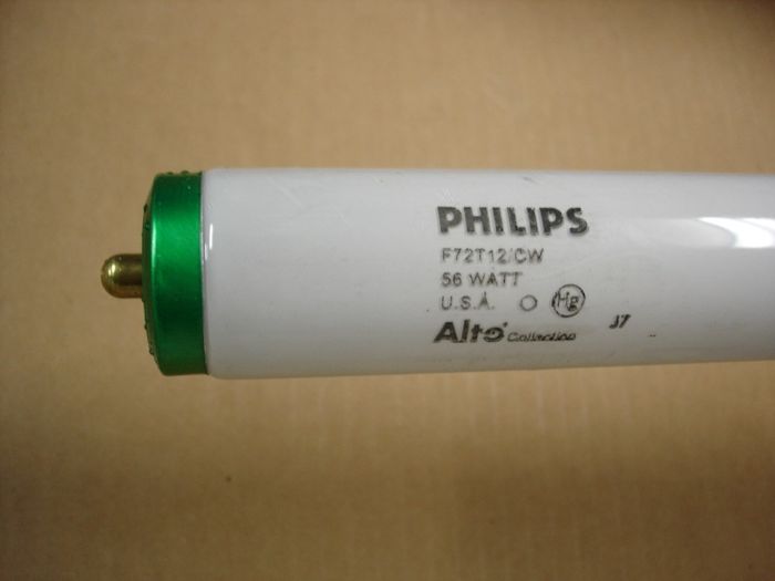 Philips F72T12
Here is one of several Philips Alto F72T12 cool white lamps I picked up from Restore,I plan on chopping the other damaged 8 foot 4 lamp fixture down to a 6 footer and use these lamps in it.

Made in: USA

Manufactured: Sept 2007 

CRI: 62
Keywords: Lamps