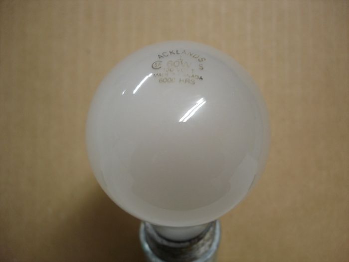 Acklands 60W
Here is an Ackland's 60W long life lamp which could be a re-branded Philips?

Made in: Canada

Keywords: Lamps