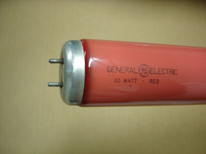 GE 20W Red
A very nice vintage GE 20W red fluorescent lamp.Thanks again Bulb Freak for dating this lamp.

Made in: USA

Manufactured: 3rd Quarter 1956
Keywords: Lamps
