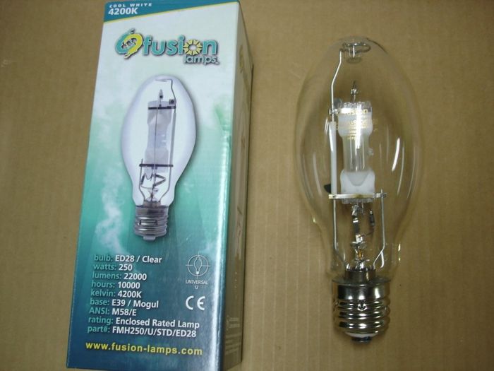 Fusion Lamps 250W MH
A Fusion Lamps clear 250W metal halide lamp.

Made in: China

Manufactured: Circa 2012

CRI: 65
Keywords: Lamps