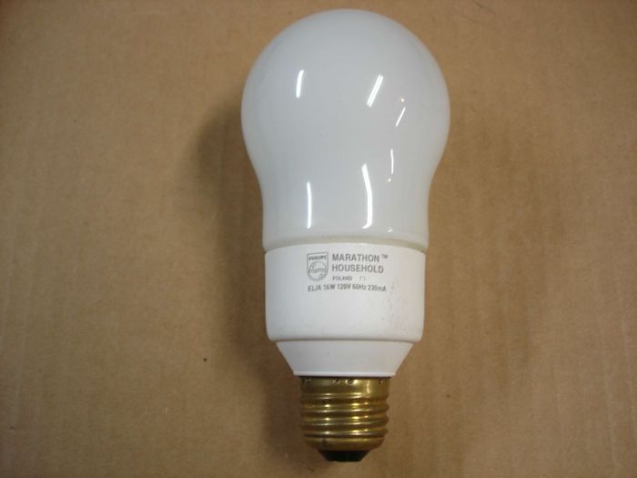 Philips 16W CFL
Here is a covered Philips Marathon 16W warm white compact fluorescent lamp.

Made in: Poland

Manufactured:
Keywords: Lamps