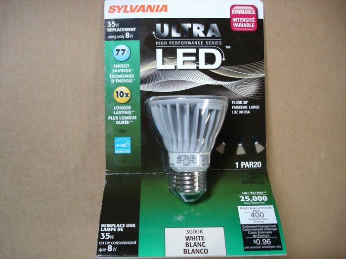 Sylvania 8W LED
Here is a Sylvania 8W Ultra LED dimmable flood with a 36 beam spread.

Made in: Mexico


Keywords: Lamps