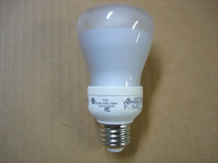 GE 11W
Here is a GE 11W R20 warm white compact fluorescent flood lamp.

Made in: China

CRI: 82
Keywords: Lamps