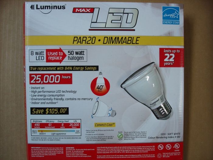 Luminus 8W LED
Here is a Luminus 8W MAX LED R20 dimmable led flood with a 40 beam spread.

Made in: China

Manufactured: 2013

CRI: 80
Keywords: Lamps