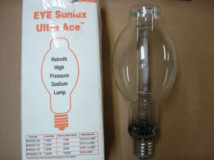 EYE 360W
Here is a EYE 360W Sunlux Ultra Ace high pressure sodium retrofit lamp to replace 400W mercury vapour and metal halide lamps.

Made in: USA
Keywords: Lamps