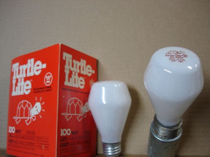 Westinghouse 100W Turtle-Lite
Here's a NOS pack of Westinghouse 100W Turtle-Lite incandescent lamps.Pretty cool packaging,unfortunately when I tried one of the lamps to measure the current  and it burned out after 2 seconds instead of 2500 hours. :( These were made in either 1977 or 1978 as the coupon that is included expired on Dec. 31,1978

Made in: USA

Manufactured: Circa 1977/78
Keywords: Lamps