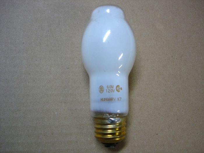 GE 60W
Here is a frosted GE 60W bulged tubular halogen lamp.

Made in: Hungary


Keywords: Lamps
