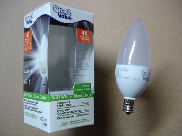 Great Value 5W LED
Here is a Wally-world brand Great Value 5W dimmable warm white decorator LED lamp.I don't know how good these will hold up life-wise but I'm impressed with it's lumen output and incandescent quality light.

Made in: China

Manufactured: 2013

CRI: 80+
Keywords: Lamps