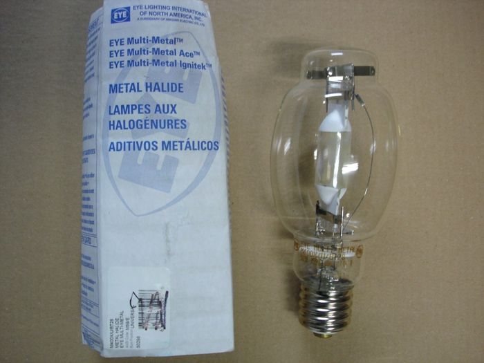 EYE 400W
Here is a EYE Lighting 400W Multi-Metal metal halide "cram" BT-28 shaped lamp.

Made in: USA

manufactured: Dec. 2009
Keywords: Lamps