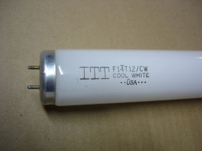 ITT F14T12
One of two uncommon ITT branded F14T12 cool white fluorescent lamps with GE end caps I received from Mike (streetlight98).

Made in: USA
Keywords: Lamps