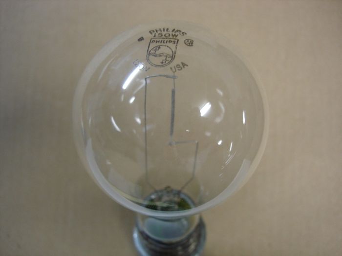 Philips 150W
Here is a Philips 150W clear incandescent lamp. 

Made in: USA
Keywords: Lamps