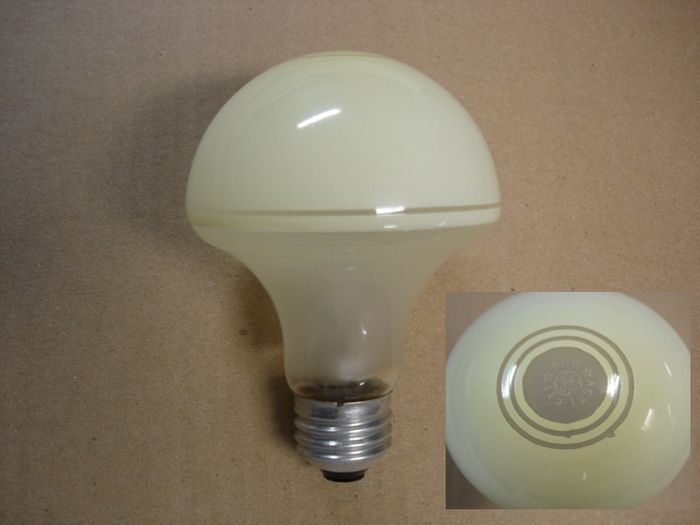 GE 50W
Here is a GE 50W circa 1950's Art Deco Deluxe White mushroom shaped incandescent lamp. 

Made in: USA

Manufactured: Circa 1950's
Keywords: Lamps