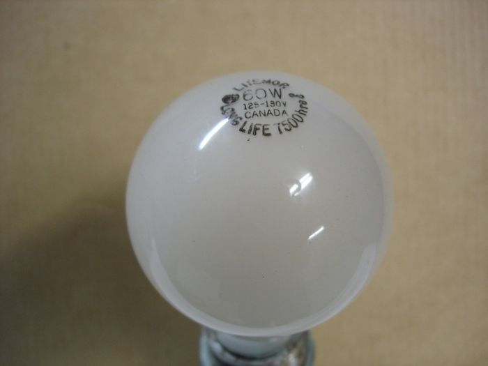 Litemor 60W 
Here is an NOS Litemor (possibly Philips?) 60W long life incandescent lamp. 

Made in: Canada
Keywords: Lamps