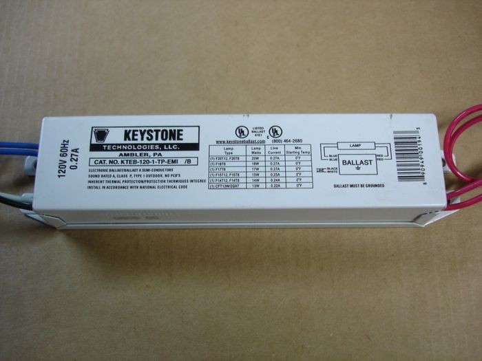 Keystone Electronic Ballast
Here is a Keystone electronic fluorescent ballast for a single lamp from 13W to 20W.Good for starting temperatures down to 0F

Made in: China

Manufactured: Aug. 2008
Keywords: Gear