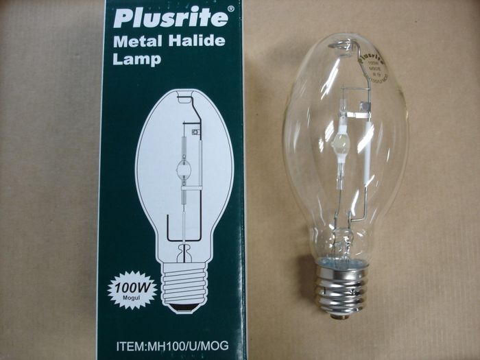 Plusrite 100W Metal Halide
Here is a Plusrite 100W mogul base metal halide lamp I used in my Douglas Power Pak bracket fixture. 

Manufactured: Circa 2013

Made in: China

CRI: 65
Keywords: Lamps