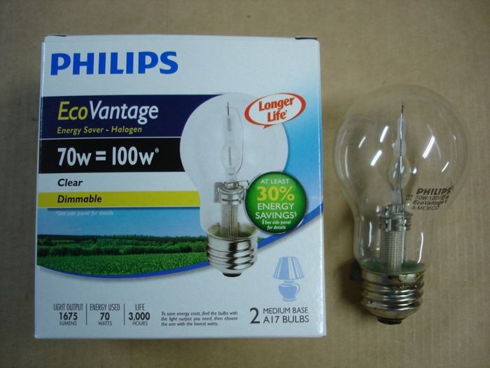 Philips 70W EcoVantage
Here is a Philips 70W clear EcoVantage halogen lamp.

Made in: Mexico

Manufactured: 2013
Keywords: Lamps