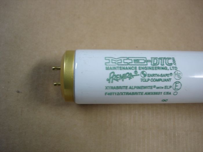 Maintenance Engineering F40T12
Here is a Maintenance Engineering (Looks to be a Philips) F40T12 Premira Xtra Brite Alpine White long life commercial fluorescent lamp.

Made in: USA

Manufactured: March 2010

CRI: 86
Keywords: Lamps
