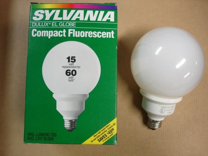 Sylvania 15W CFL
An NOS Sylvania 15W DULUX compact fluorescent globe lamp which is equivalent to a 60W incandescent lamp.

Made in: USA

CRI: 82
Keywords: Lamps