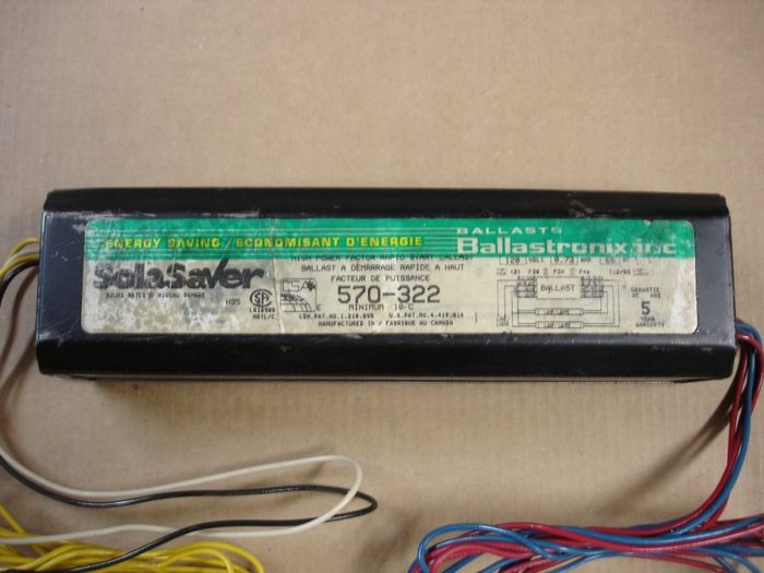 Ballastronix Fluorescent Ballast
Here is a Ballastronix Sola Saver magnetic high power factor rapid start ballast for two F40T12 fluorescent lamps.

Made in: Canada

Manufactured: August 1995
Keywords: Gear