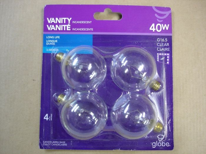 Globe 40W Vanity Lamps
Here is a 4 pack of clear Globe 40W long life candelabra based incandescent vanity lamps.

Made in: China
Keywords: Lamps