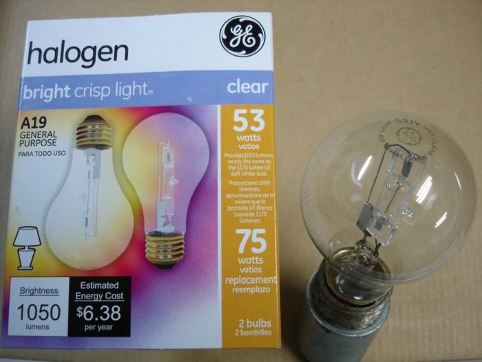 GE 53W Halogen
Here is a GE 53W clear halogen lamp.Replaces a 75W incandescent lamp.

Made in: China

Manufactured: June 2011
Keywords: Lamps